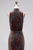 Dark Blue Floral Velvet Mermaid High Neck High-Low Holiday Party Dress