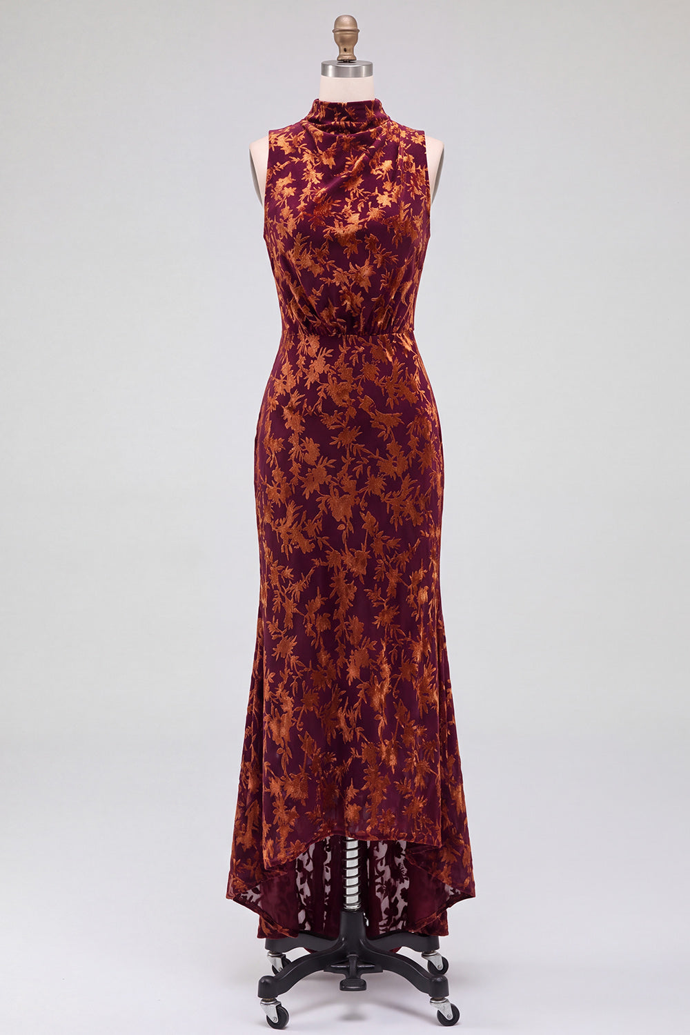 Dark Blue Floral Velvet Mermaid High Neck High-Low Holiday Party Dress