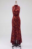 Dark Blue Floral Velvet Mermaid High Neck High-Low Holiday Party Dress