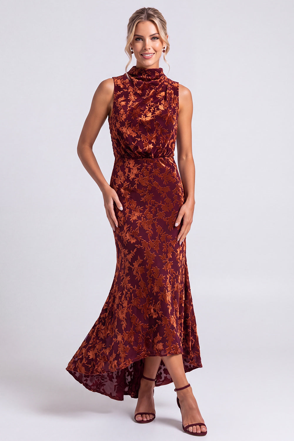 Dark Blue Floral Velvet Mermaid High Neck High-Low Holiday Party Dress