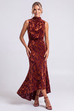 Dark Blue Floral Velvet Mermaid High Neck High-Low Holiday Party Dress