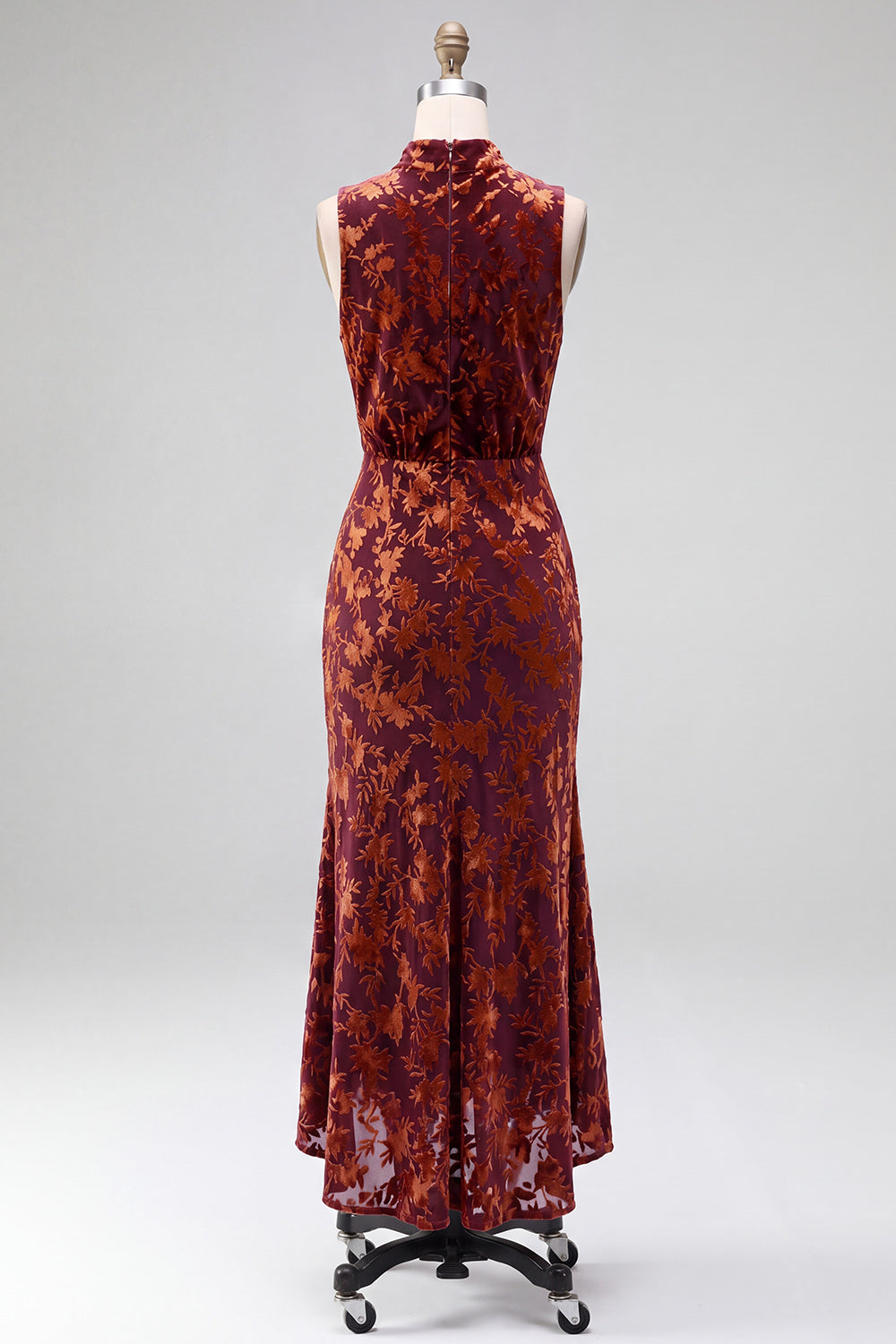 Dark Blue Floral Velvet Mermaid High Neck High-Low Holiday Party Dress