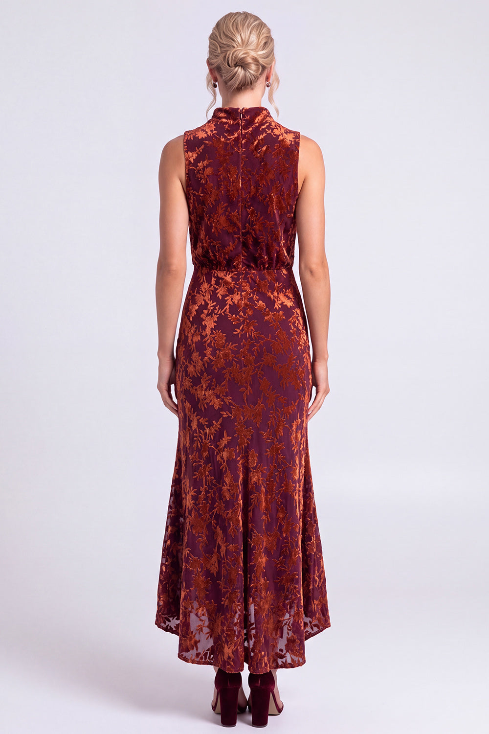 Dark Blue Floral Velvet Mermaid High Neck High-Low Holiday Party Dress