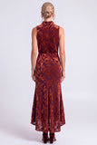 Dark Blue Floral Velvet Mermaid High Neck High-Low Holiday Party Dress