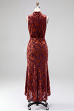 Dark Blue Floral Velvet Mermaid High Neck High-Low Holiday Party Dress