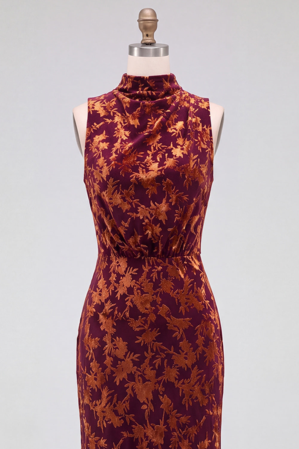 Dark Blue Floral Velvet Mermaid High Neck High-Low Holiday Party Dress