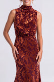 Dark Blue Floral Velvet Mermaid High Neck High-Low Holiday Party Dress