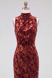 Dark Blue Floral Velvet Mermaid High Neck High-Low Holiday Party Dress