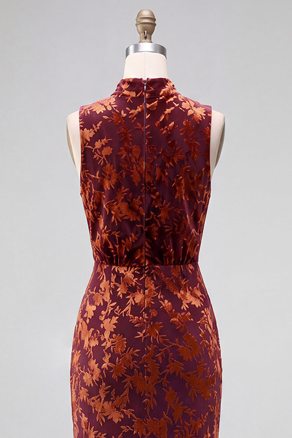 Dark Blue Floral Velvet Mermaid High Neck High-Low Holiday Party Dress