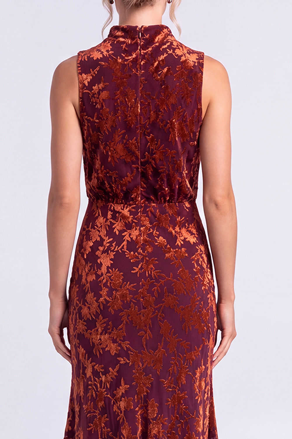 Dark Blue Floral Velvet Mermaid High Neck High-Low Holiday Party Dress