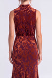 Dark Blue Floral Velvet Mermaid High Neck High-Low Holiday Party Dress