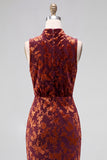 Dark Blue Floral Velvet Mermaid High Neck High-Low Holiday Party Dress