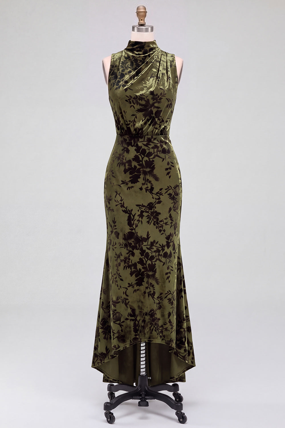 Dark Blue Floral Velvet Mermaid High Neck High-Low Holiday Party Dress