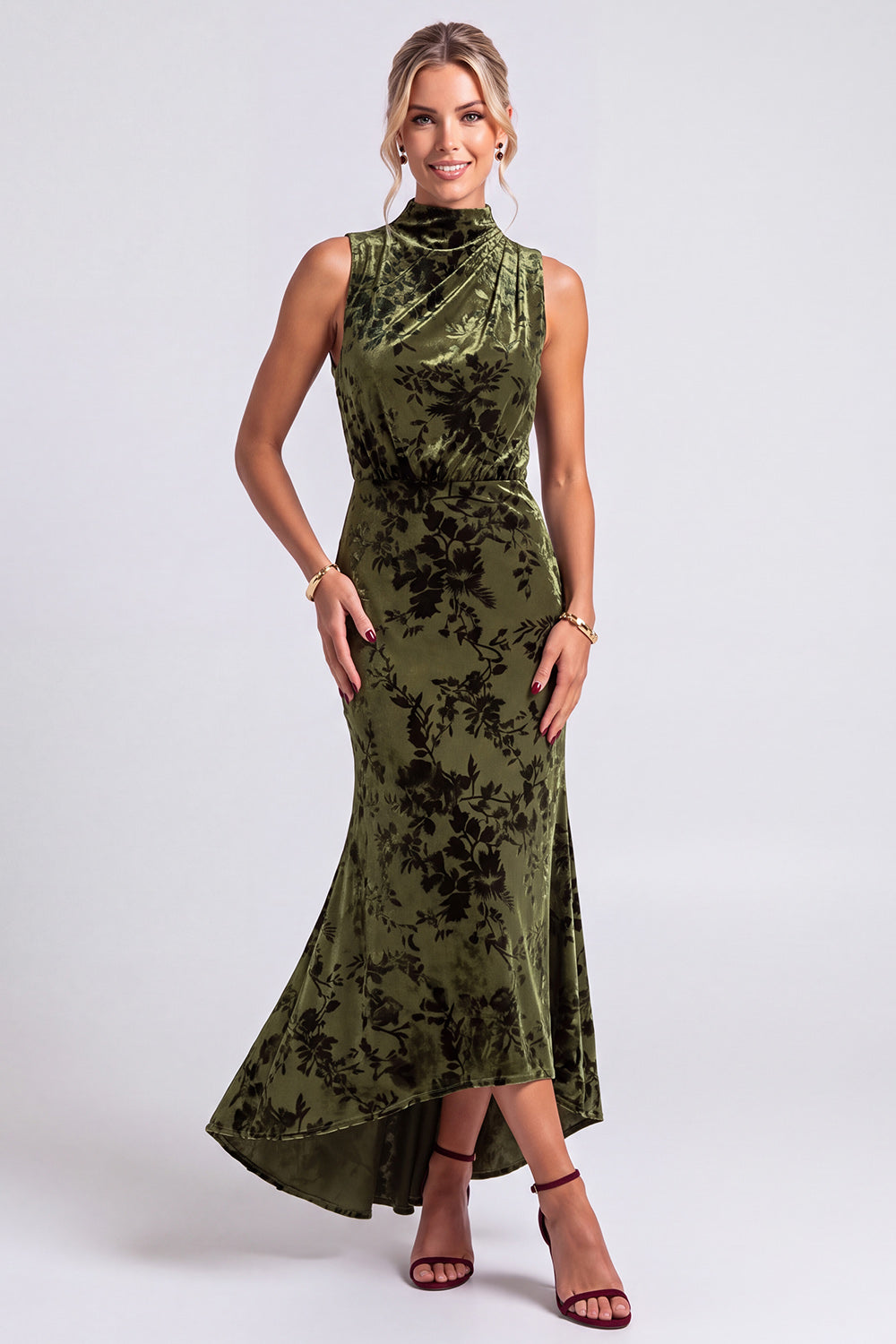Dark Blue Floral Velvet Mermaid High Neck High-Low Holiday Party Dress