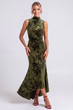 Dark Blue Floral Velvet Mermaid High Neck High-Low Holiday Party Dress