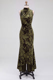 Dark Blue Floral Velvet Mermaid High Neck High-Low Holiday Party Dress