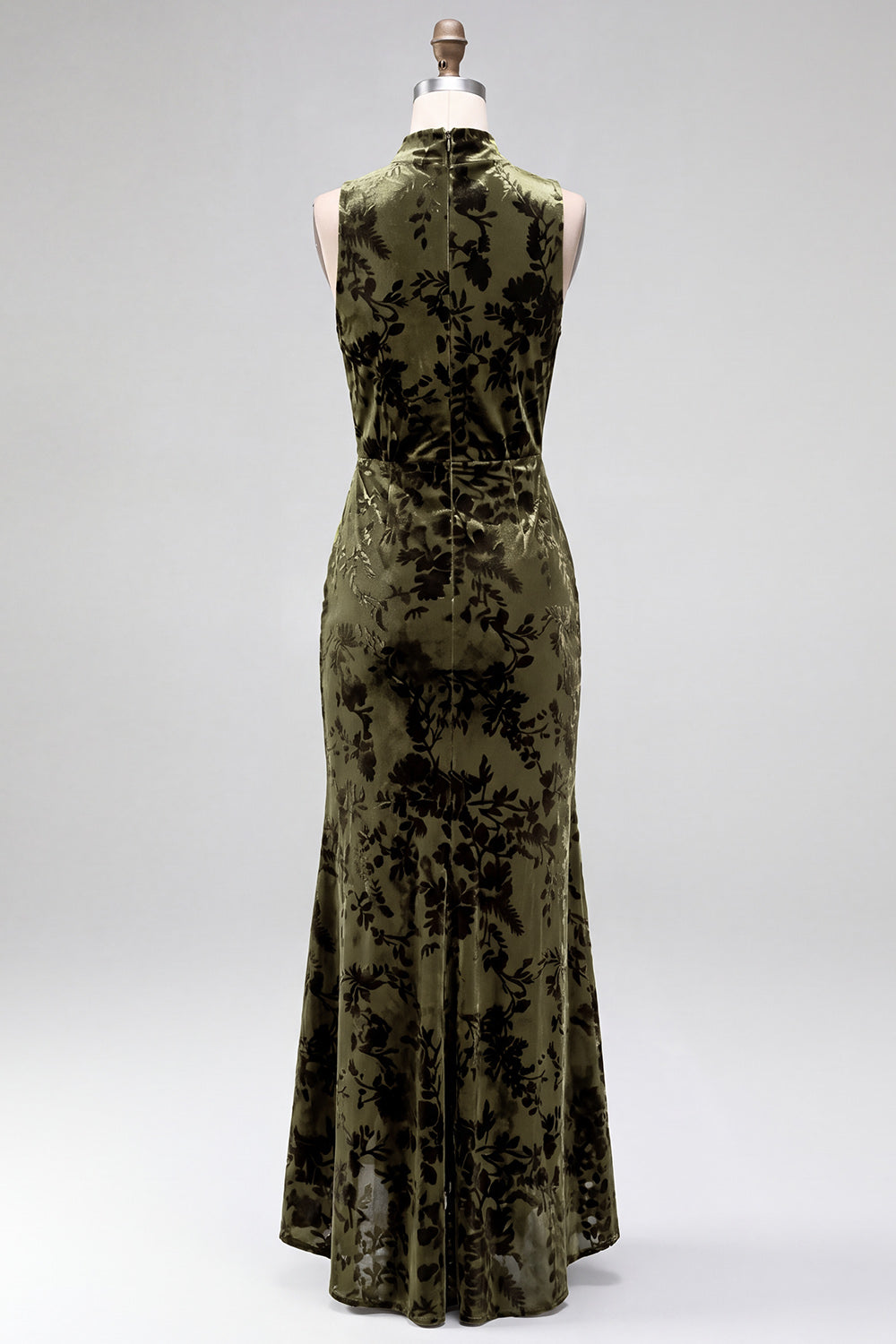 Dark Blue Floral Velvet Mermaid High Neck High-Low Holiday Party Dress