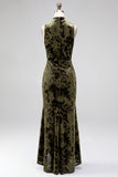 Dark Blue Floral Velvet Mermaid High Neck High-Low Holiday Party Dress