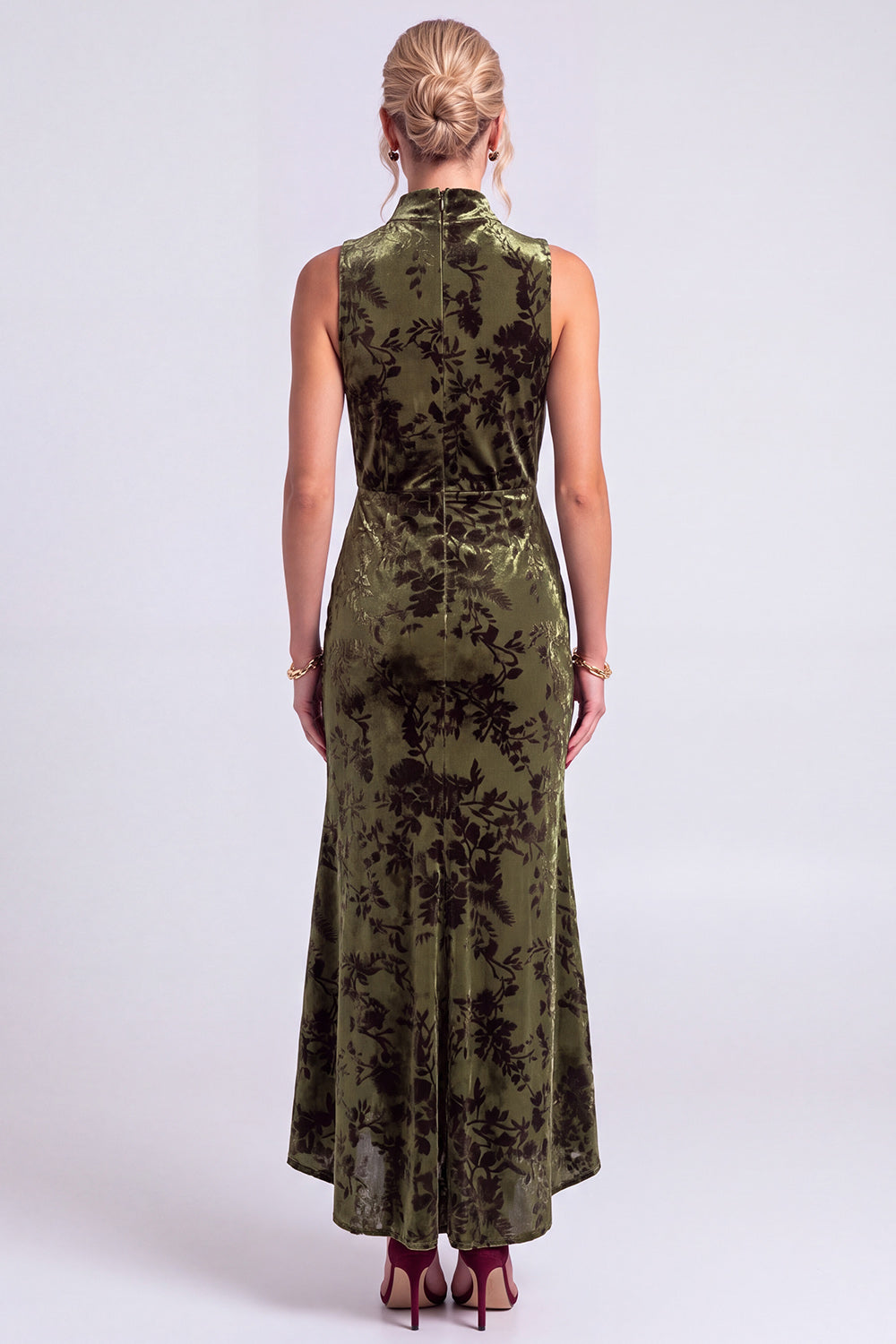 Dark Blue Floral Velvet Mermaid High Neck High-Low Holiday Party Dress