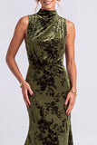 Dark Blue Floral Velvet Mermaid High Neck High-Low Holiday Party Dress