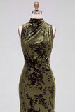 Dark Blue Floral Velvet Mermaid High Neck High-Low Holiday Party Dress