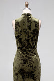 Dark Blue Floral Velvet Mermaid High Neck High-Low Holiday Party Dress