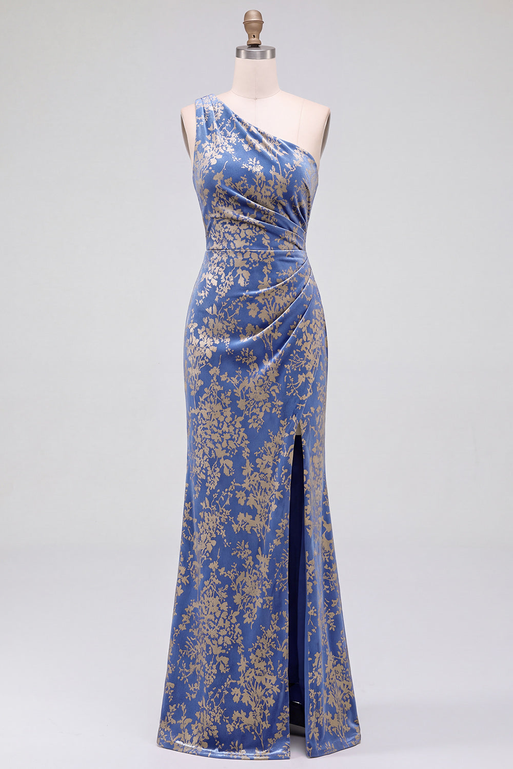 One Shoulder Espresso Ruched Floral Velvet Long Holiday Party Dress with Slit