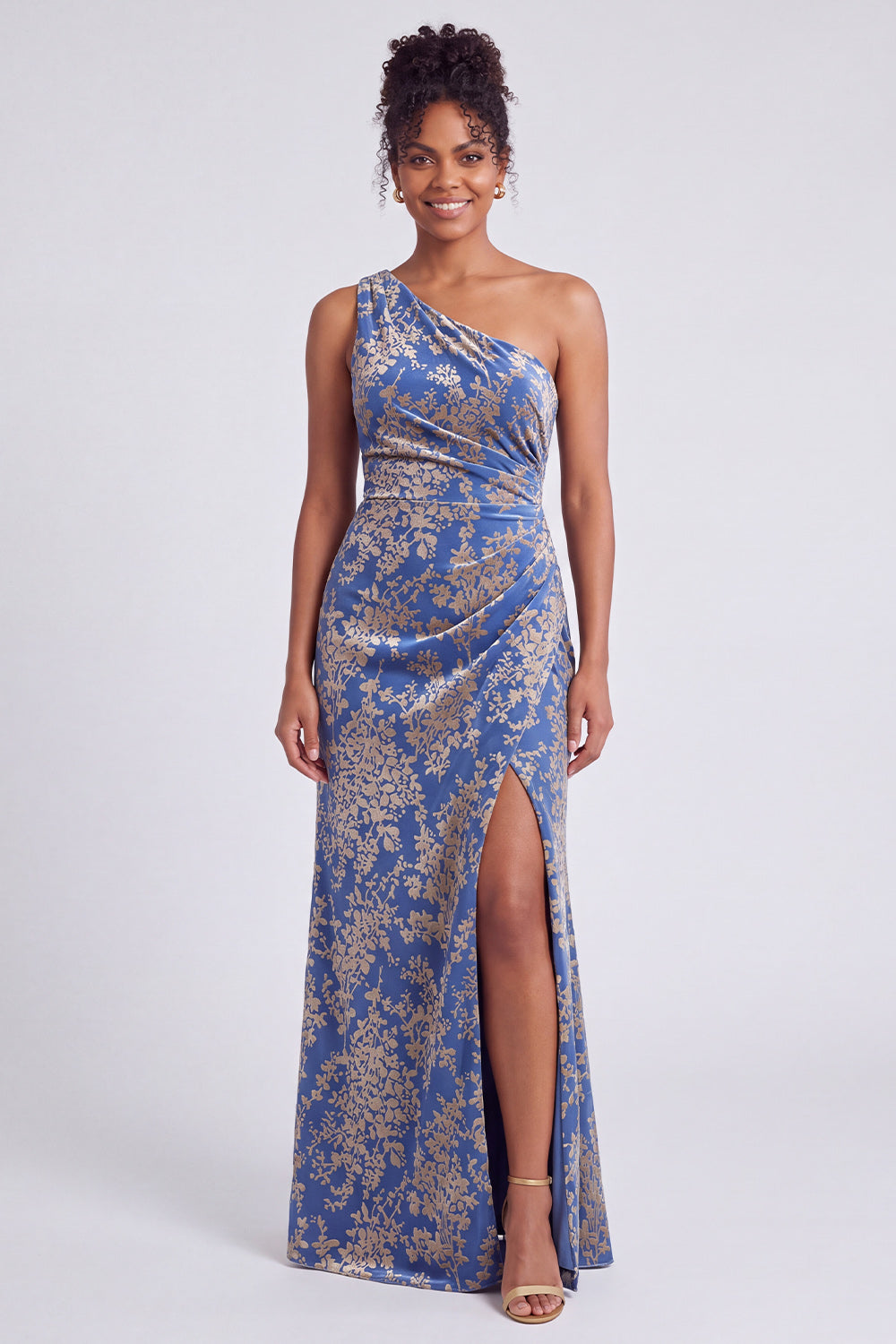 One Shoulder Espresso Ruched Floral Velvet Long Holiday Party Dress with Slit
