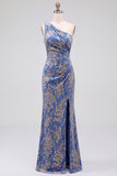 One Shoulder Espresso Ruched Floral Velvet Long Holiday Party Dress with Slit