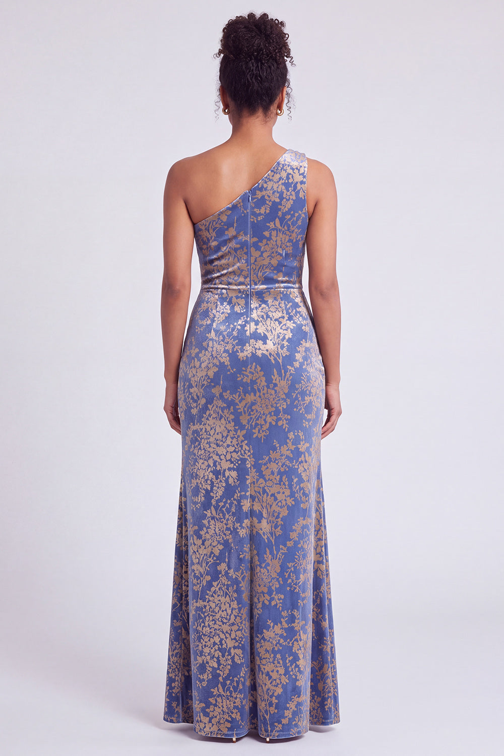 One Shoulder Espresso Ruched Floral Velvet Long Holiday Party Dress with Slit