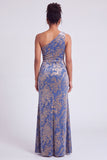 One Shoulder Espresso Ruched Floral Velvet Long Holiday Party Dress with Slit