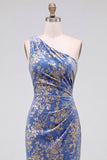 One Shoulder Espresso Ruched Floral Velvet Long Holiday Party Dress with Slit