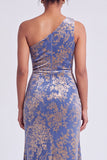 One Shoulder Espresso Ruched Floral Velvet Long Holiday Party Dress with Slit