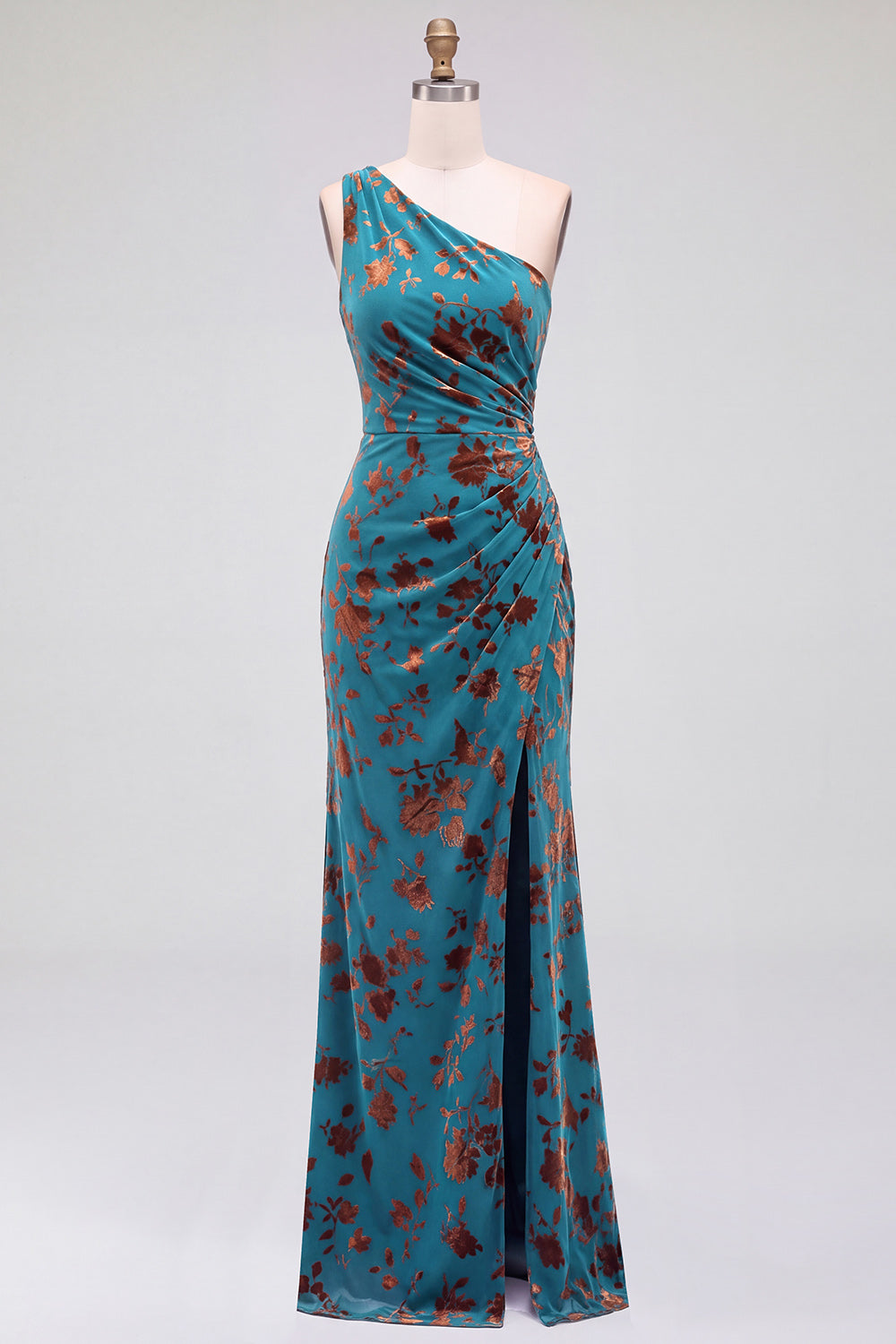 One Shoulder Espresso Ruched Floral Velvet Long Holiday Party Dress with Slit