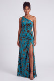One Shoulder Espresso Ruched Floral Velvet Long Holiday Party Dress with Slit