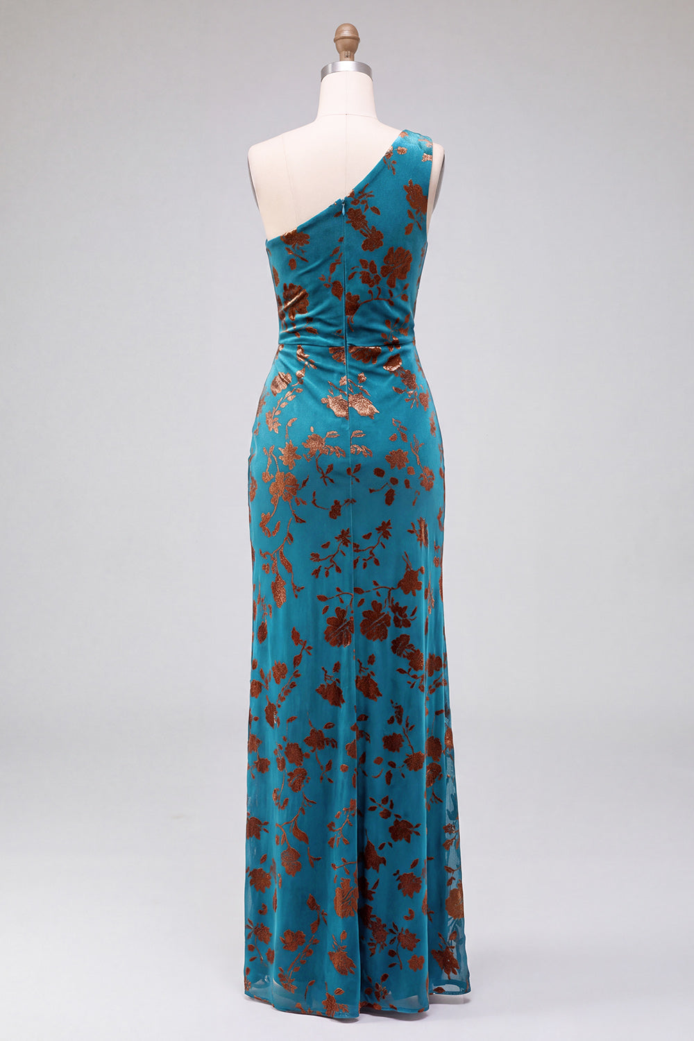 One Shoulder Espresso Ruched Floral Velvet Long Holiday Party Dress with Slit