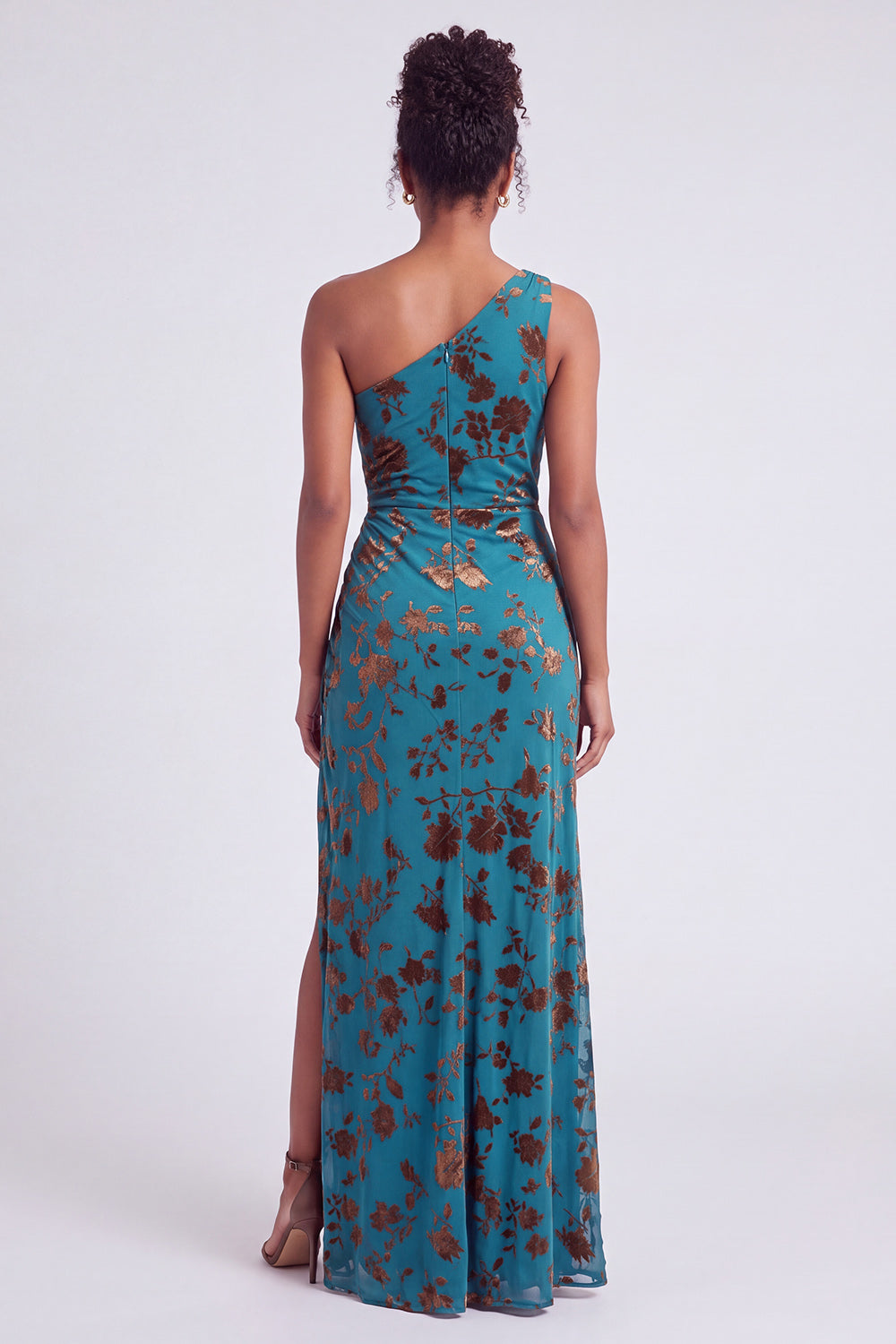 One Shoulder Espresso Ruched Floral Velvet Long Holiday Party Dress with Slit