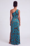 One Shoulder Espresso Ruched Floral Velvet Long Holiday Party Dress with Slit