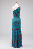 One Shoulder Espresso Ruched Floral Velvet Long Holiday Party Dress with Slit