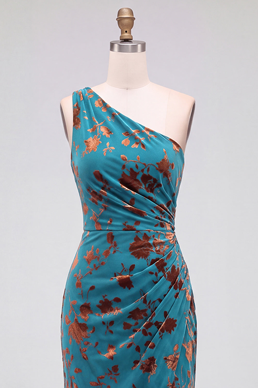One Shoulder Espresso Ruched Floral Velvet Long Holiday Party Dress with Slit