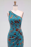 One Shoulder Espresso Ruched Floral Velvet Long Holiday Party Dress with Slit