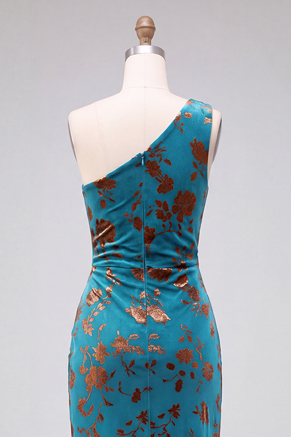 One Shoulder Espresso Ruched Floral Velvet Long Holiday Party Dress with Slit
