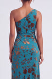 One Shoulder Espresso Ruched Floral Velvet Long Holiday Party Dress with Slit