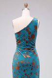 One Shoulder Espresso Ruched Floral Velvet Long Holiday Party Dress with Slit