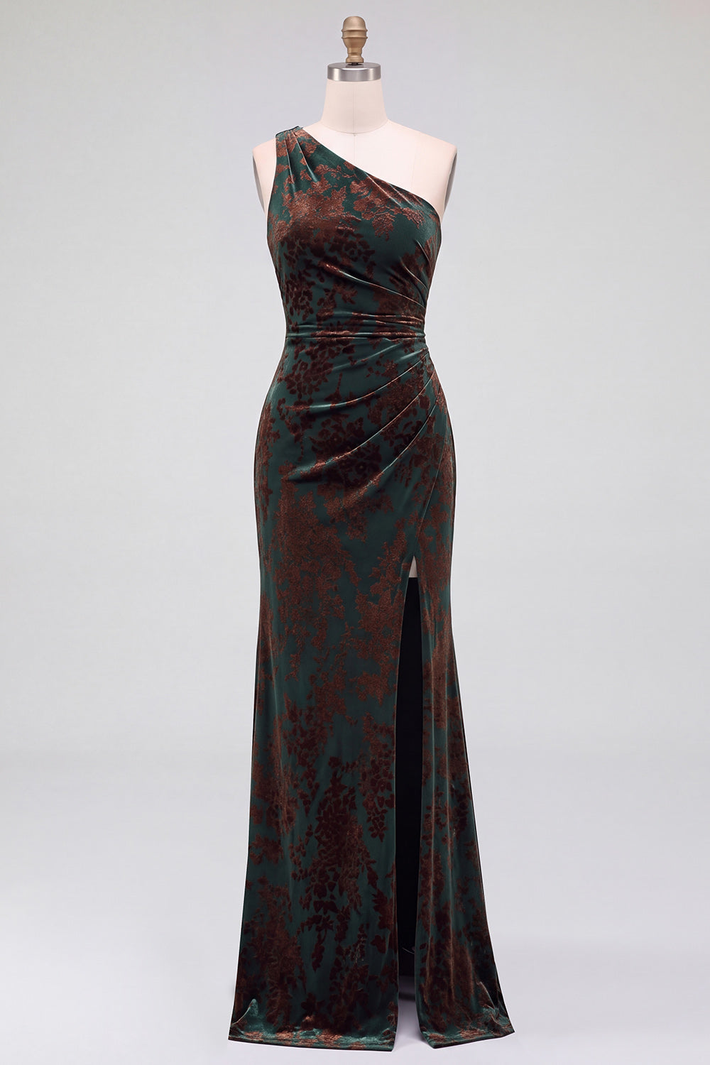 One Shoulder Espresso Ruched Floral Velvet Long Holiday Party Dress with Slit