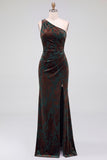 One Shoulder Espresso Ruched Floral Velvet Long Holiday Party Dress with Slit