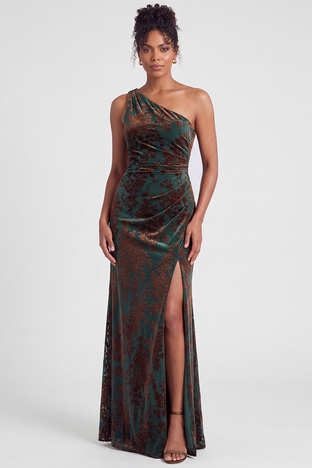 One Shoulder Espresso Ruched Floral Velvet Long Holiday Party Dress with Slit