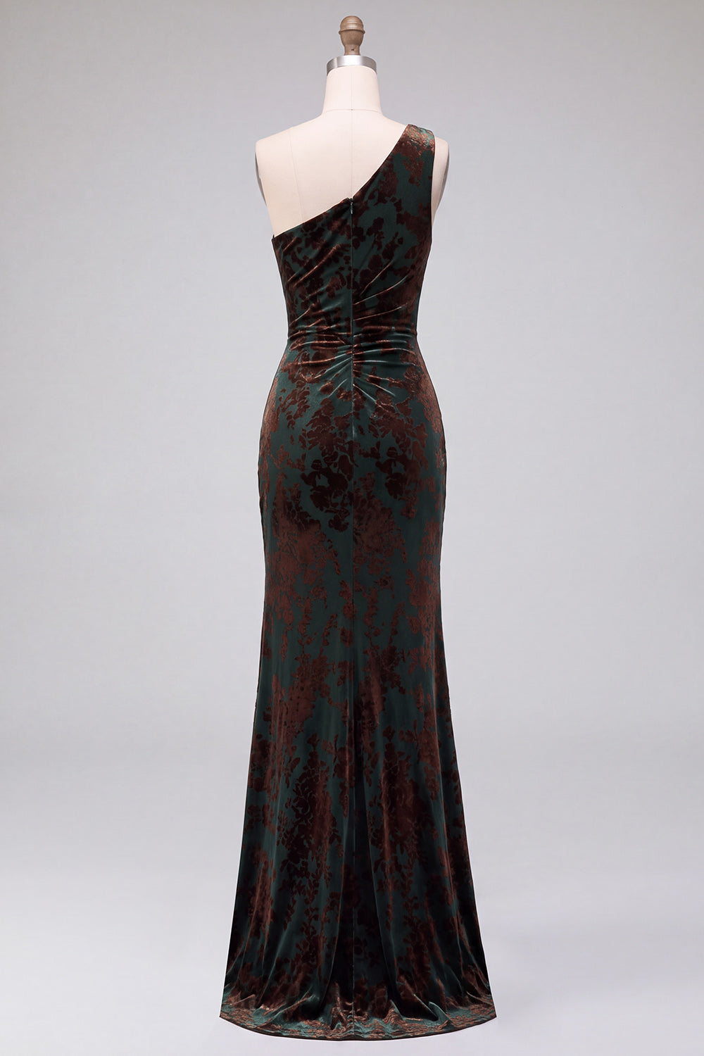 One Shoulder Espresso Ruched Floral Velvet Long Holiday Party Dress with Slit