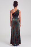 One Shoulder Espresso Ruched Floral Velvet Long Holiday Party Dress with Slit