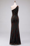 One Shoulder Espresso Ruched Floral Velvet Long Holiday Party Dress with Slit